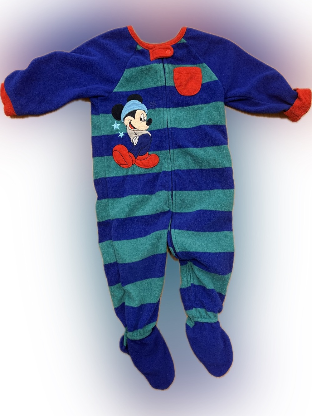 Disney Blue & Green Striped Mickey Fleece Footed One-Piece